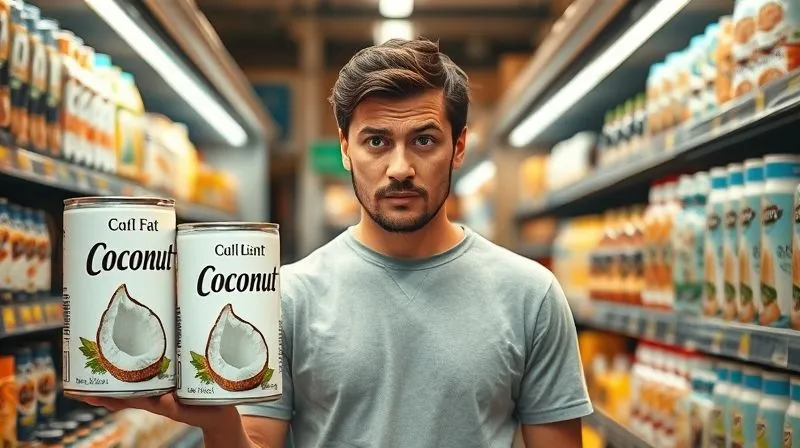 A confused person standing in a grocery aisle, looking at two different coconut milk cans with a questioning expression, highlighting the dilemma of choosing between full-fat and light versions for a weight loss diet. Professional photography, 8K, cinematic lighting, sharp focus, depth of field.