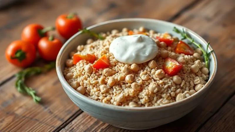 photorealistic, professional photography, 8K, cinematic lighting, sharp focus, depth of field, shot on a high-end DSLR, a vibrant bowl of low-fat millet groats, expertly arranged with various textures: some crunchy fresh vegetables like bell peppers and cucumbers, creamy elements like a dollop of skyr, and chewy chickpeas. The dish is presented on a rustic wooden table with soft, natural light, emphasizing its healthy and satisfying appeal.