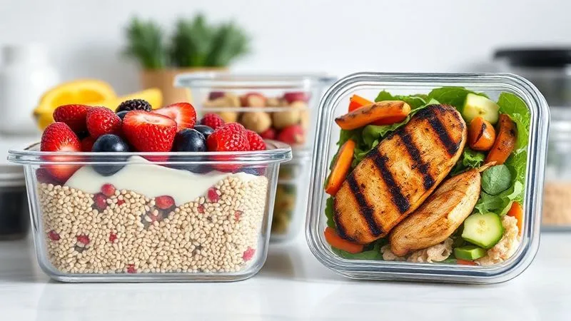 photorealistic, professional photography, 8K, cinematic lighting, sharp focus, depth of field, shot on a high-end DSLR, a meticulously organized meal prep station with several glass containers filled with various low-fat millet-based meals. One container shows a sweet millet breakfast with berries and skyr, another a savory millet salad with grilled chicken and fresh vegetables. The background is clean and bright, emphasizing health, organization, and ease of healthy eating.