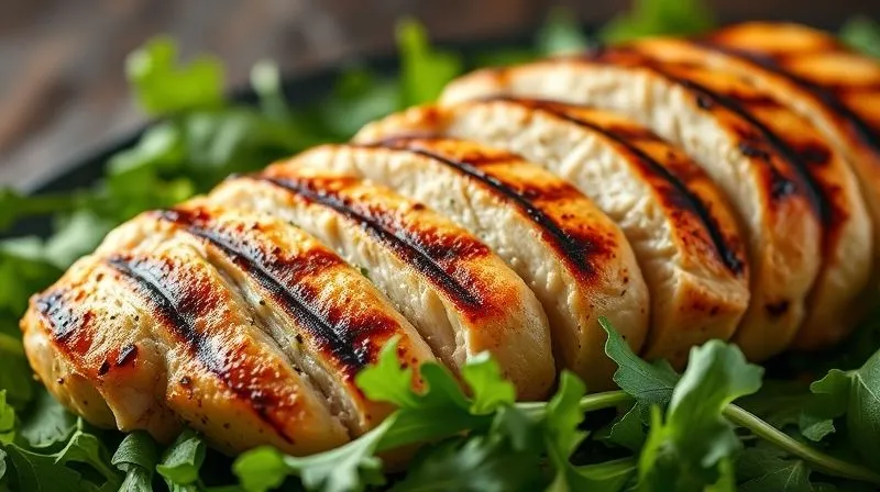 A close-up, photorealistic, professional photography, 8K, cinematic lighting, sharp focus, depth of field, shot on a high-end DSLR, of a perfectly grilled chicken breast, sliced and arranged on a bed of fresh arugula, with steam gently rising. The texture of the chicken is visible, showing a slight char and juiciness.