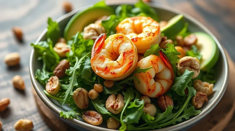 A vibrant, photorealistic, professional photography, 8K, cinematic lighting, sharp focus, depth of field, shot on a high-end DSLR, of a beautifully arranged low-carb arugula salad, showcasing a variety of textures: crisp green leaves, creamy avocado slices, crunchy toasted nuts, and tender grilled shrimp. The composition is dynamic and appetizing.