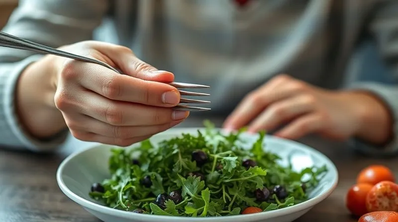 A serene, photorealistic, professional photography, 8K, cinematic lighting, sharp focus, depth of field, shot on a high-end DSLR, of a person's hands gently holding a fork over a vibrant arugula salad, with soft natural light illuminating the scene. The focus is on the act of mindful eating, with a calm and appreciative expression visible.