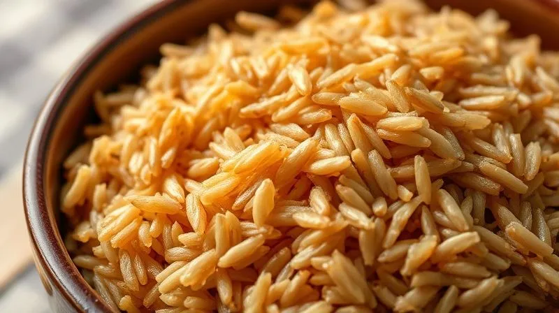 A close-up, photorealistic image of perfectly cooked brown rice in a ceramic bowl, individual grains clearly visible and fluffy, with a slight sheen, steam subtly rising, soft natural light, sharp focus, depth of field, 8K, professional food photography.