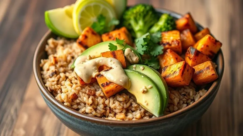 A photorealistic image of a vibrant and colorful vegetarian Buddha Bowl with brown rice as the base, topped with roasted sweet potatoes, broccoli florets, grilled tofu cubes, sliced avocado, fresh cilantro, and a creamy peanut-lime dressing, arranged artfully, bright natural light, sharp focus, depth of field, 8K, professional food photography, evoking health and deliciousness.