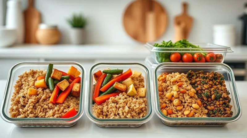 A photorealistic image of neatly organized meal prep containers on a clean kitchen counter, each containing a portion of perfectly cooked brown rice, colorful roasted vegetables, and a plant-based protein source (like tofu or lentils), ready for the week, with soft, diffused lighting, sharp focus on the containers, depth of field blurring the background, 8K, professional food photography, evoking efficiency and healthy living.