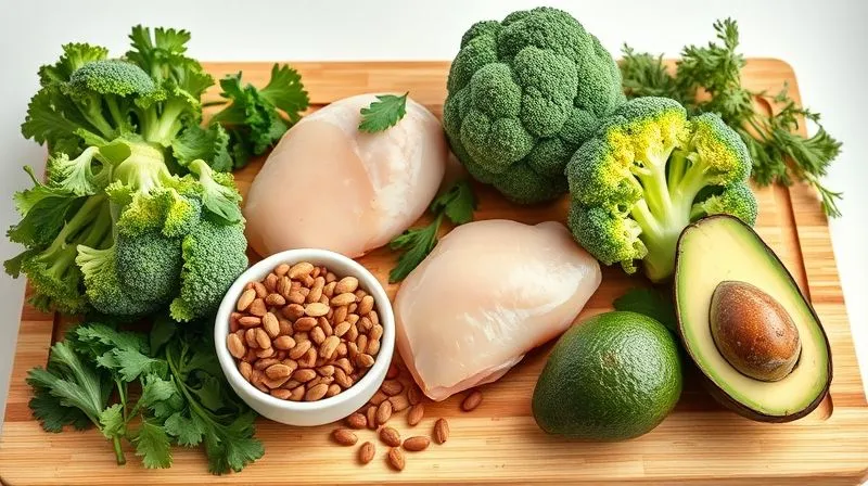 Photorealistic, professional photography of a vibrant array of fresh, raw ingredients for a healthy broccoli soup laid out on a clean wooden cutting board. This includes bright green broccoli florets, a whole chicken breast, a bowl of red lentils, a handful of pumpkin seeds, a ripe avocado, and various fresh herbs like parsley and dill. The scene is lit with soft, natural daylight, sharp focus on the ingredients, depth of field blurring the background. 8K hyper-detailed.