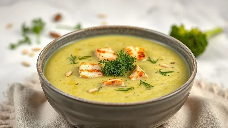Photorealistic, professional photography of a beautifully plated bowl of creamy broccoli soup, garnished with grilled chicken strips, fresh dill, and a sprinkle of toasted pumpkin seeds. The soup has a rich, vibrant green color and a smooth texture, with visible steam rising. It's set against a clean, minimalist background, with soft, diffused light highlighting the details. Shot on a high-end DSLR, 8K, cinematic lighting, sharp focus, depth of field.