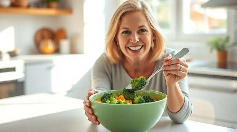Photorealistic, professional photography of a person (woman, 40s, smiling, looking healthy) happily eating a bowl of vibrant broccoli soup at a clean kitchen table, sunlight streaming in. The focus is on her satisfied expression and the healthy meal. Shot on a high-end DSLR, 8K, cinematic lighting, sharp focus, depth of field.