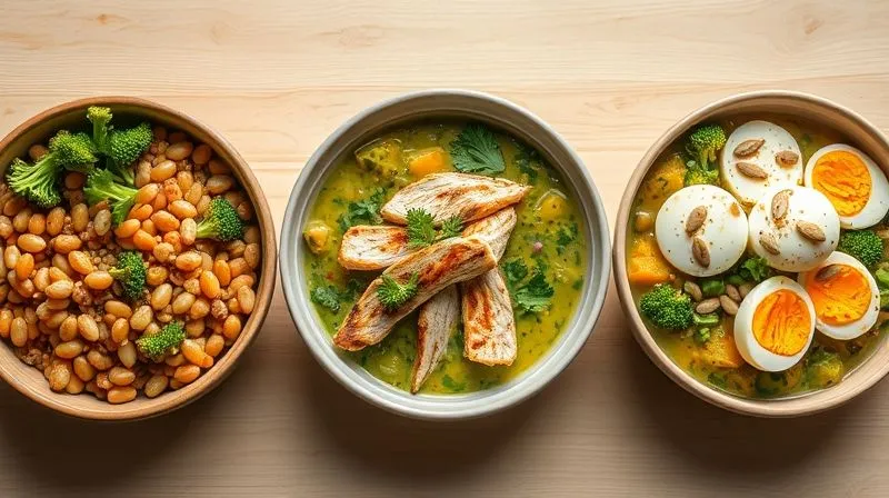 Photorealistic, professional photography of three distinct bowls of healthy broccoli soup variations, arranged appealingly on a light wooden table. One bowl features lentils and fresh cilantro, another has grilled chicken strips and dill, and the third is topped with hard-boiled egg quarters and toasted pumpkin seeds. Each bowl is presented with cinematic lighting, sharp focus on the toppings, and a shallow depth of field, showcasing the vibrant colors and textures. 8K hyper-detailed.