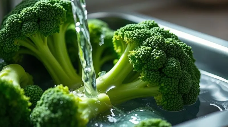 A close-up, photorealistic image of fresh, vibrant green broccoli florets being rinsed under clear running water in a modern kitchen sink, sharp focus on the water droplets and texture of the broccoli, soft natural lighting. 8K hyper-detailed.