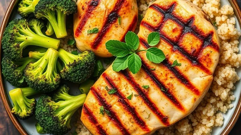 A photorealistic, top-down shot of a colorful, healthy weight-loss dinner plate featuring perfectly roasted broccoli florets, grilled chicken breast, and quinoa, garnished with fresh herbs. The meal is visually appealing and vibrant. Professional food photography, 8K, cinematic lighting, sharp focus.
