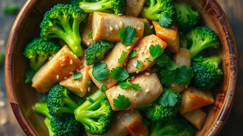 A vibrant, photorealistic overhead shot of a healthy, low-calorie broccoli and chicken stir-fry served in a rustic ceramic bowl, garnished with sesame seeds and fresh cilantro. Steam is subtly rising from the dish. Professional food photography, cinematic lighting, 8K, sharp focus, depth of field.