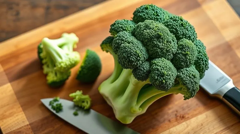 A vibrant, fresh green broccoli head, perfectly cut into florets, displayed on a rustic wooden cutting board with a sharp chef's knife beside it. Bright, natural light illuminates the scene, emphasizing the texture and freshness. Professional photography, 8K, cinematic lighting, sharp focus, depth of field, shot on a high-end DSLR.