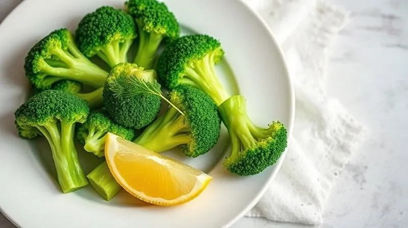 A close-up, top-down shot of perfectly steamed broccoli florets on a simple white plate, glistening with freshness. A sprig of fresh dill and a lemon wedge are placed delicately beside them. The background is a soft, blurred kitchen counter. Professional photography, 8K, cinematic lighting, sharp focus, depth of field, shot on a high-end DSLR.