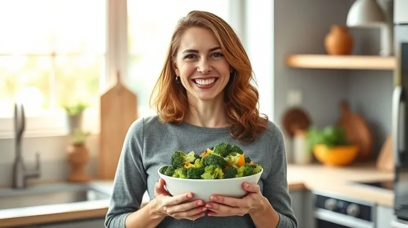 A happy, confident woman in her early 30s, smiling brightly while holding a bowl of vibrant, freshly prepared broccoli salad. She is in a modern, sunlit kitchen. The scene exudes health, success, and positive transformation. Professional photography, 8K, cinematic lighting, sharp focus, depth of field, shot on a high-end DSLR.