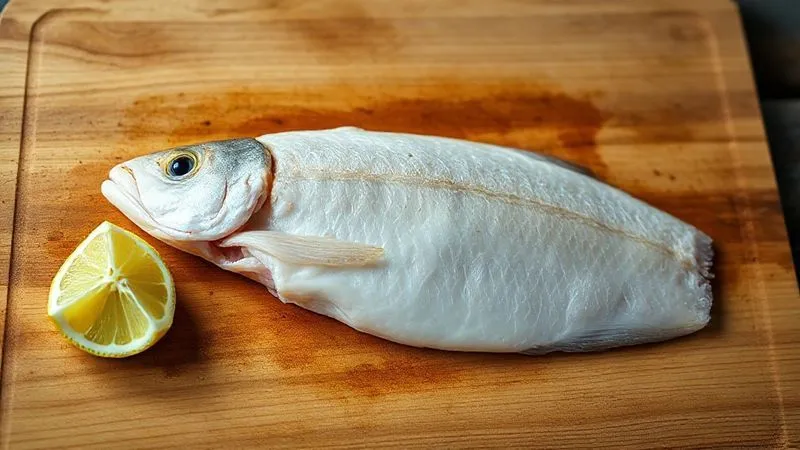 photorealistic, professional photography, 8K, cinematic lighting, sharp focus, depth of field, shot on a high-end DSLR, a raw, pale cod fillet lying on a simple wooden cutting board, looking slightly unappetizing, with a single, sad lemon wedge beside it, emphasizing the potential for blandness before proper preparation