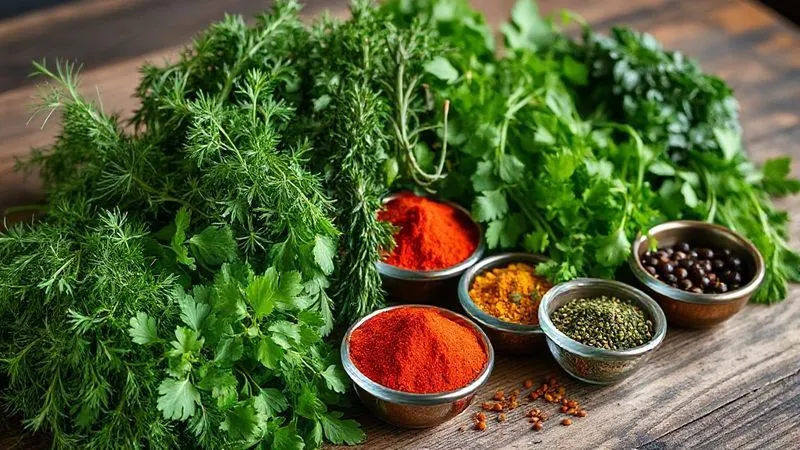 photorealistic, professional photography, 8K, cinematic lighting, sharp focus, depth of field, shot on a high-end DSLR, an array of fresh, vibrant herbs like dill, parsley, rosemary, and thyme, alongside colorful spices in small bowls (paprika, turmeric, black pepper), arranged artfully on a rustic wooden table, with soft, natural light highlighting their textures and colors, suggesting flavor and freshness