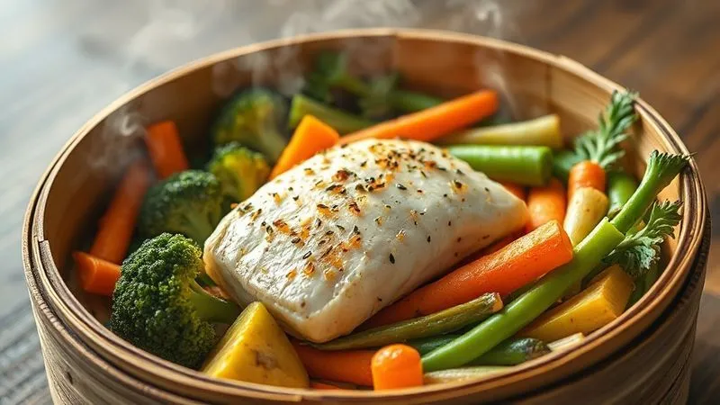 photorealistic, professional photography, 8K, cinematic lighting, sharp focus, depth of field, shot on a high-end DSLR, a steaming bamboo steamer basket filled with a perfectly cooked white fish fillet (like cod) nestled among vibrant, colorful vegetables such as broccoli florets, carrot sticks, and green beans, all looking fresh and healthy, with steam gently rising, creating an inviting and wholesome visual