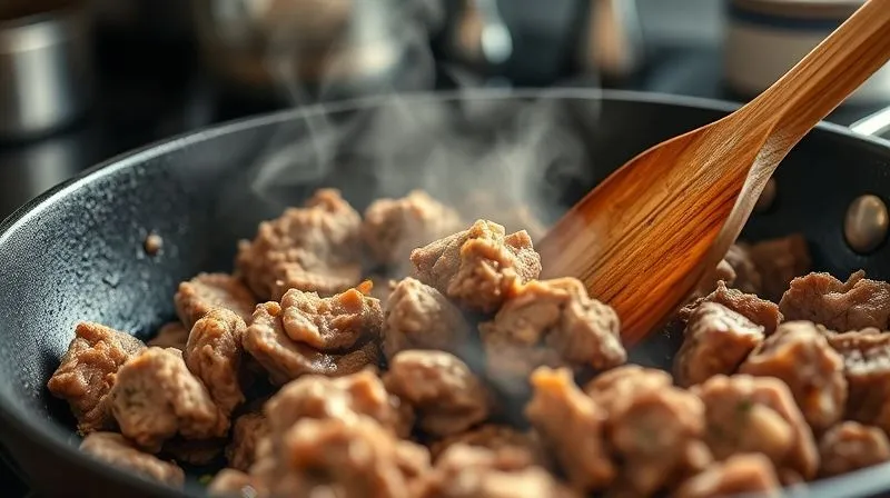A close-up, photorealistic image of lean ground turkey browning in a non-stick pan without oil, steam gently rising, with a wooden spatula breaking up the meat, cinematic lighting, sharp focus on the texture of the meat, depth of field blurring the background of a modern kitchen, 8K hyper-detailed.