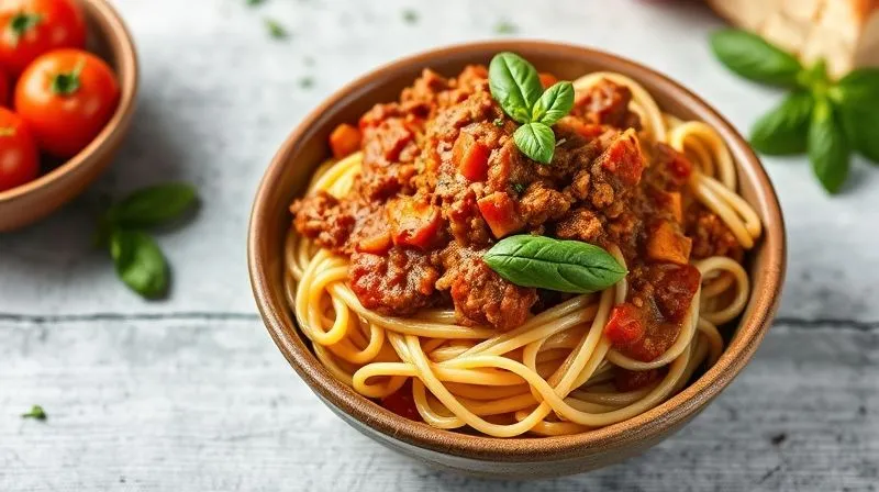 A professional photography, 8K, cinematic lighting, sharp focus, depth of field, shot on a high-end DSLR of a vibrant, low-calorie Bolognese sauce with visible lean ground meat and finely diced vegetables, served in a rustic ceramic bowl with whole wheat pasta, garnished with fresh basil. The scene is inviting and delicious, emphasizing healthy eating.