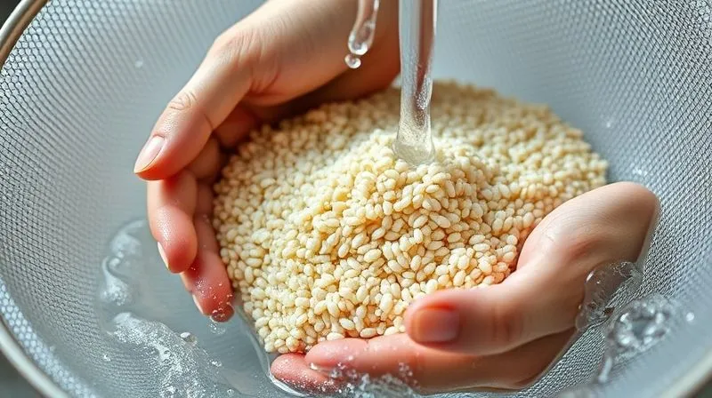 photorealistic, professional photography, 8K, cinematic lighting, sharp focus, depth of field, shot on a high-end DSLR, close-up of white quinoa being rinsed under cold running water in a fine-mesh sieve, water is clear and no foam, hands gently mixing the quinoa.