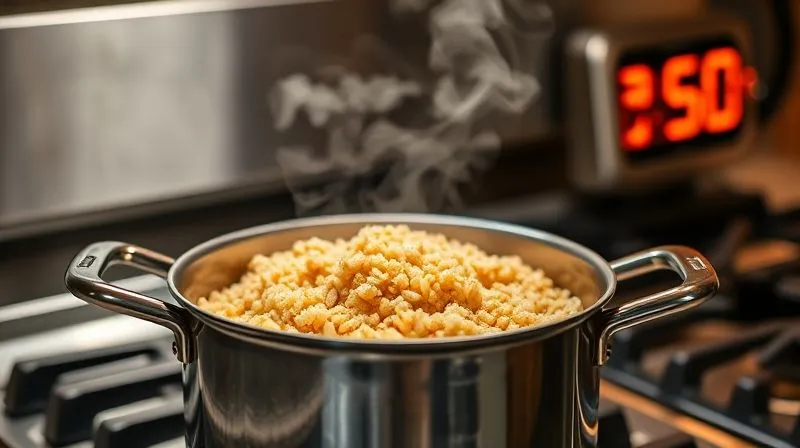 photorealistic, professional photography, 8K, cinematic lighting, sharp focus, depth of field, shot on a high-end DSLR, a close-up of a pot on a stovetop, steam gently escaping from under the lid, indicating a perfectly cooked quinoa, with a timer in the background showing 5 minutes remaining.