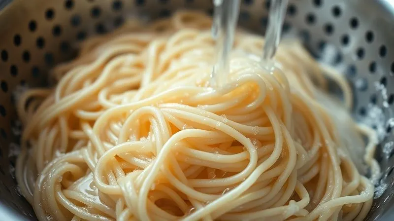 A close-up, photorealistic image of rice noodles being gently rinsed under cold water in a colander, with steam subtly rising, cinematic lighting, sharp focus on the noodles, depth of field blurring the background. Shot on a high-end DSLR, 8K hyper-detailed.