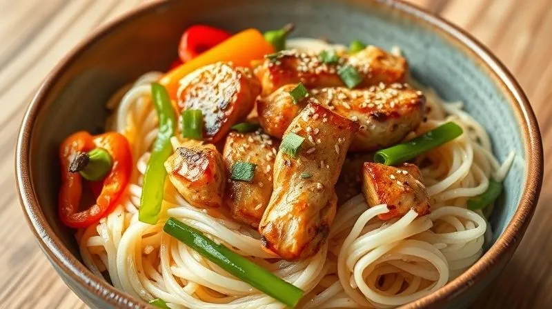 A vibrant, photorealistic image of a perfectly composed rice noodle dish with grilled chicken, colorful bell peppers, green onions, and a sprinkle of sesame seeds, presented in a modern ceramic bowl. Soft, natural light highlights the freshness of the ingredients. Shot on a high-end DSLR, 8K hyper-detailed.