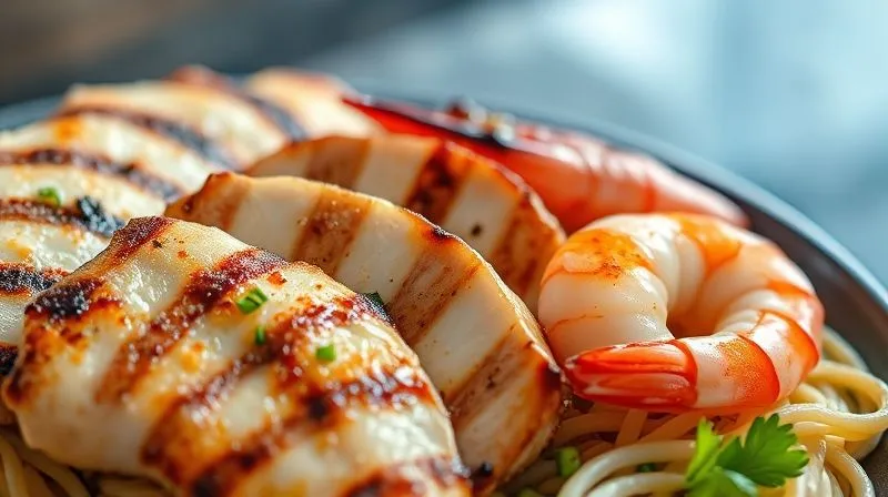 A photorealistic, professional photography shot of perfectly grilled chicken breast slices, glistening with a light marinade, next to fresh, vibrant shrimp, ready to be added to a noodle dish. 8K, cinematic lighting, sharp focus on the protein, depth of field blurring the background, shot on a high-end DSLR.