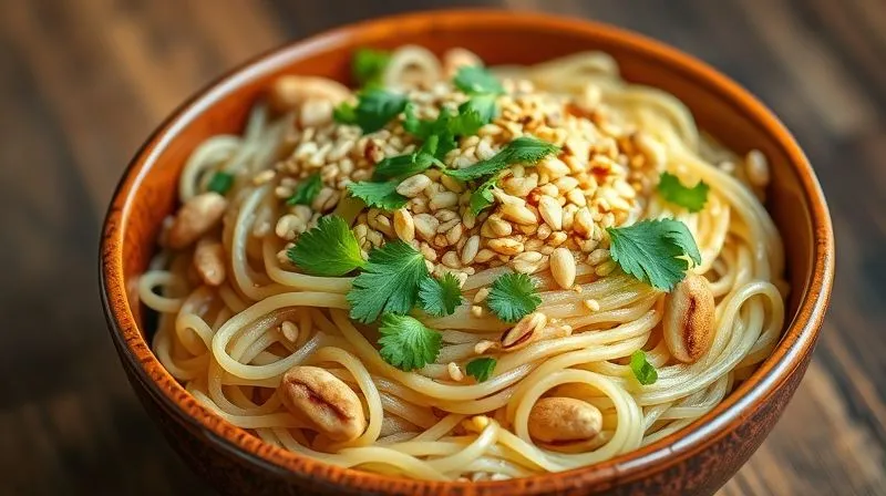 A photorealistic, professional photography shot of a perfectly plated, colorful bowl of rice noodles, topped generously with toasted sesame seeds, chopped fresh cilantro, and a sprinkle of crushed peanuts. The focus is on the textural contrast and fresh garnishes. 8K, cinematic lighting, sharp focus on the toppings, depth of field blurring the background, shot on a high-end DSLR.