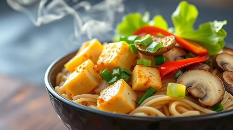 A photorealistic, professional photography shot of a vibrant vegan rice noodle bowl, featuring crispy golden tofu cubes, bright green bok choy, colorful bell peppers, and sliced mushrooms. Steam gently rises from the dish. 8K, cinematic lighting, sharp focus on the ingredients, depth of field blurring the background, shot on a high-end DSLR.