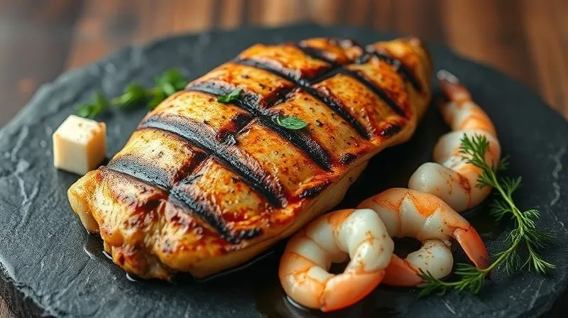 Photorealistic image of a perfectly grilled chicken breast, silken tofu cubes, and fresh shrimp, arranged artfully on a dark stone plate, emphasizing lean protein sources. 8K, cinematic lighting, sharp focus, depth of field.