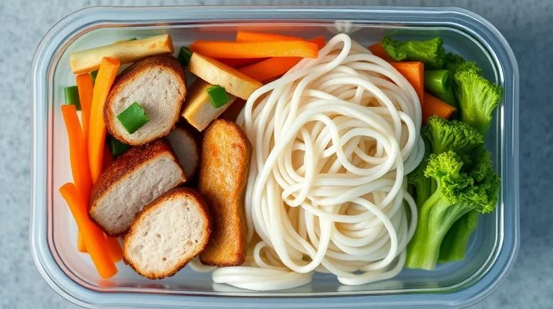 Photorealistic, top-down view of a perfectly portioned meal in a bento box or meal prep container, featuring rice noodles, lean protein, and colorful vegetables. The composition emphasizes balance and control. 8K, cinematic lighting, sharp focus, depth of field.