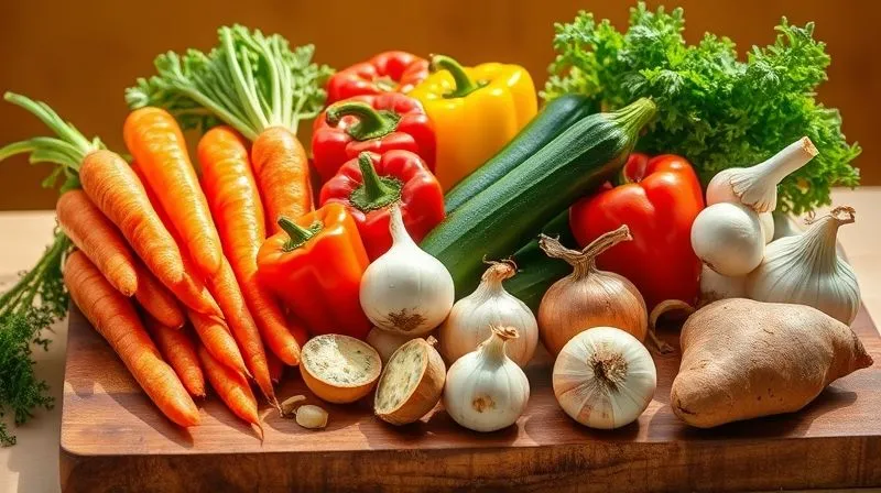 A vibrant, professional photography shot of a selection of fresh, colorful vegetables like carrots, bell peppers, zucchini, onions, and sweet potatoes, artfully arranged on a rustic wooden cutting board, ready for cooking. The lighting is bright and natural, highlighting the textures and freshness of the produce. 8K hyper-detailed, sharp focus, depth of field. Shot on a high-end DSLR.