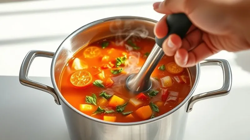 A photorealistic, professional photography shot of a hand holding an immersion blender, smoothly blending a vibrant, colorful vegetable soup in a stainless steel pot. Steam gently rises from the soup. The kitchen background is clean and modern, with soft, natural light. Sharp focus on the blender and soup, with depth of field. 8K hyper-detailed. Shot on a high-end DSLR.
