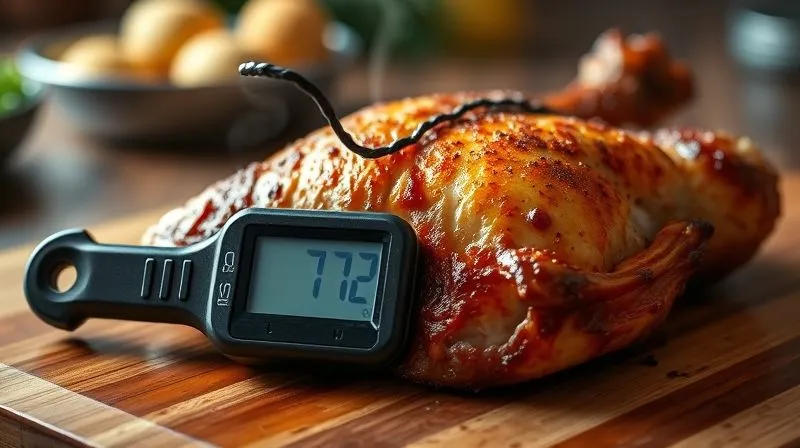 A close-up, photorealistic image of a perfectly cooked, golden-brown chicken breast resting on a wooden cutting board, with a digital meat thermometer accurately displaying 72°C, steam gently rising, cinematic lighting, sharp focus on the chicken and thermometer, depth of field blurring the background, 8K hyper-detailed.