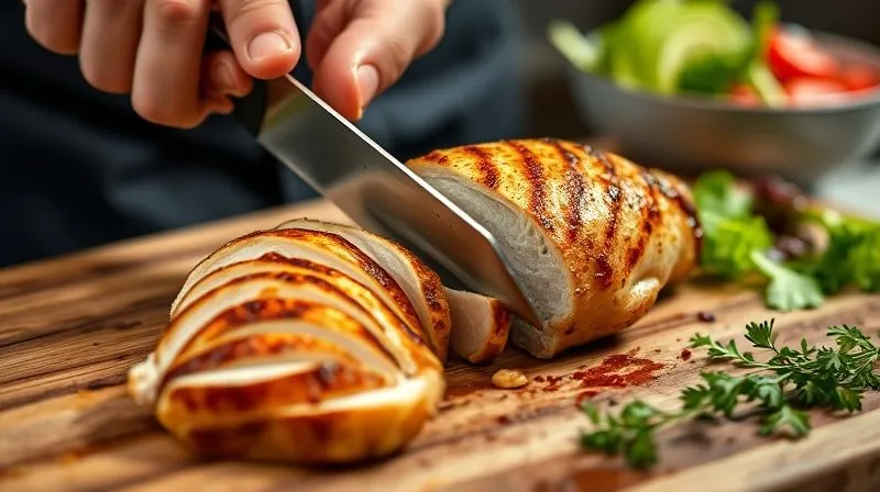 A photorealistic image of a chef's hands expertly slicing a perfectly cooked, juicy chicken breast, showcasing the tender, white interior and a golden-brown crust, with a vibrant, fresh salad in the background. Cinematic lighting, sharp focus on the slicing, depth of field, 8K hyper-detailed, professional photography, emphasizing precision and deliciousness.