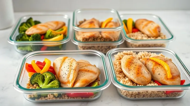 A neat, organized meal prep setup on a kitchen counter, with multiple glass containers filled with perfectly portioned, juicy chicken breast, alongside colorful steamed vegetables (broccoli, bell peppers) and quinoa. Professional photography, bright natural light, sharp focus on the food, 8K hyper-detailed, evoking a sense of healthy discipline and efficiency.