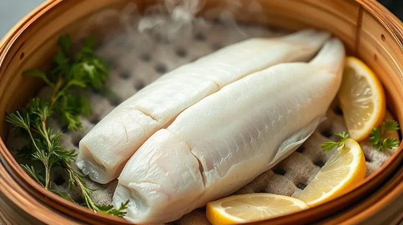 A photorealistic image of a beautiful white fish fillet steaming in a bamboo steamer basket, surrounded by fresh herbs and lemon slices, with soft steam rising. The focus is on the moist texture of the fish. Professional photography, 8K, cinematic lighting, sharp focus, depth of field, shot on a high-end DSLR.