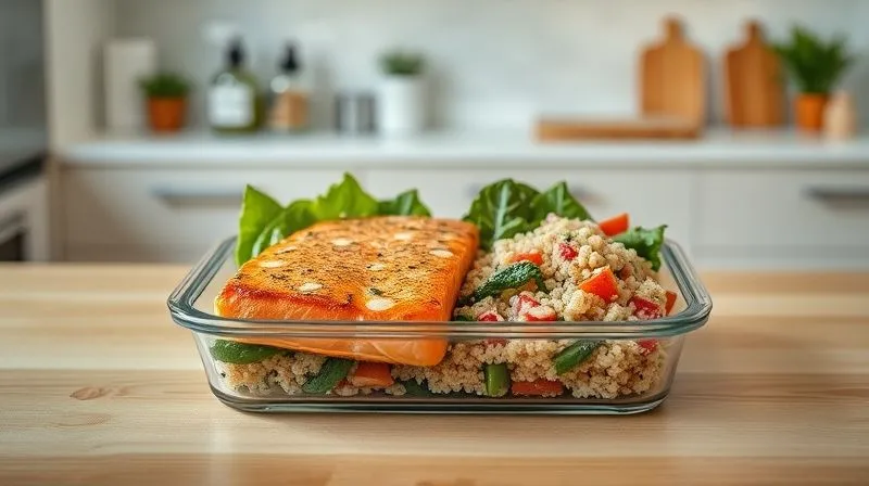 A professional, photorealistic image of a beautifully packed lunchbox with a perfectly cooked, moist fish fillet (e.g., salmon) on one side, and fresh, vibrant salad and quinoa on the other. The lunchbox is made of glass, placed on a clean, light-colored wooden table in a modern kitchen. Soft, natural light, 8K, cinematic lighting, sharp focus, depth of field, shot on a high-end DSLR.