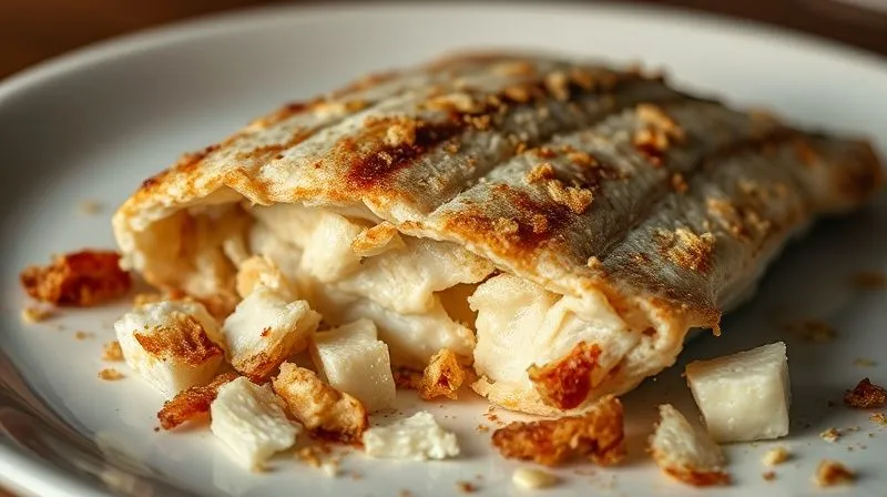 A close-up, photorealistic image of a very dry, overcooked fish fillet, visibly flaky and lacking moisture, crumbled on a plate. The lighting is harsh, emphasizing its unappetizing texture. Professional photography, 8K, cinematic lighting, sharp focus, depth of field, shot on a high-end DSLR.