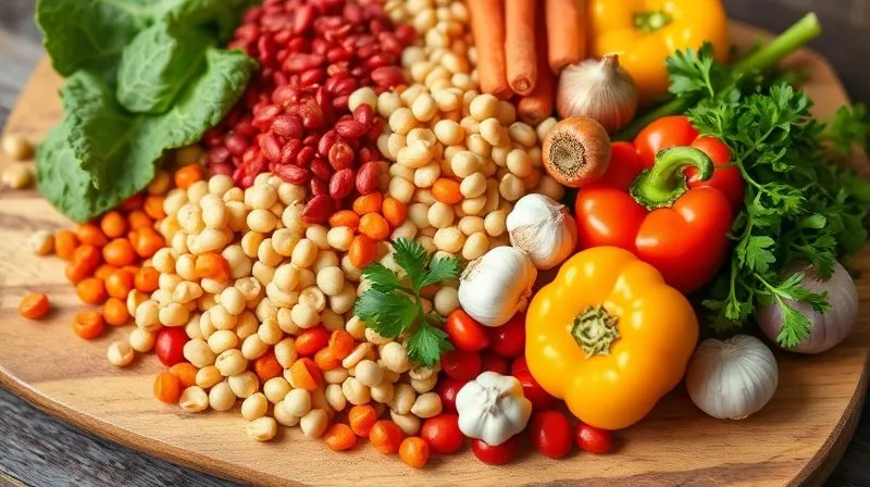 A vibrant, eye-level photorealistic professional photography, 8K, cinematic lighting, sharp focus, depth of field, shot on a high-end DSLR of a rustic wooden cutting board overflowing with a colorful assortment of fresh, raw vegan soup ingredients: bright red lentils, plump chickpeas, green kale leaves, orange carrots, yellow bell peppers, red onions, garlic cloves, and sprigs of fresh parsley and cilantro. Natural light highlights the textures and colors, creating a sense of abundance and health.