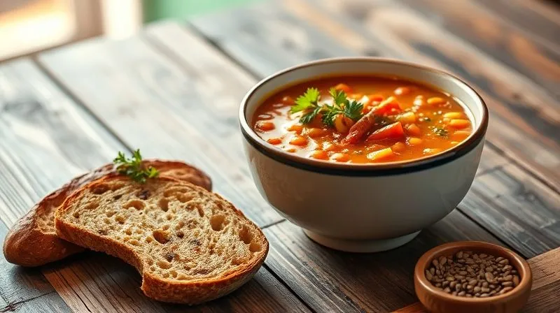 A photorealistic professional photography, 8K, cinematic lighting, sharp focus, depth of field, shot on a high-end DSLR of a rustic wooden table set for a healthy, satisfying vegan meal. A large, steaming bowl of hearty vegetable and lentil soup is the centerpiece, garnished with fresh herbs. Beside it, a slice of whole-grain bread and a small bowl of mixed seeds (pumpkin, sunflower, chia). The scene evokes comfort, warmth, and the feeling of a truly fulfilling meal, with soft, natural light.