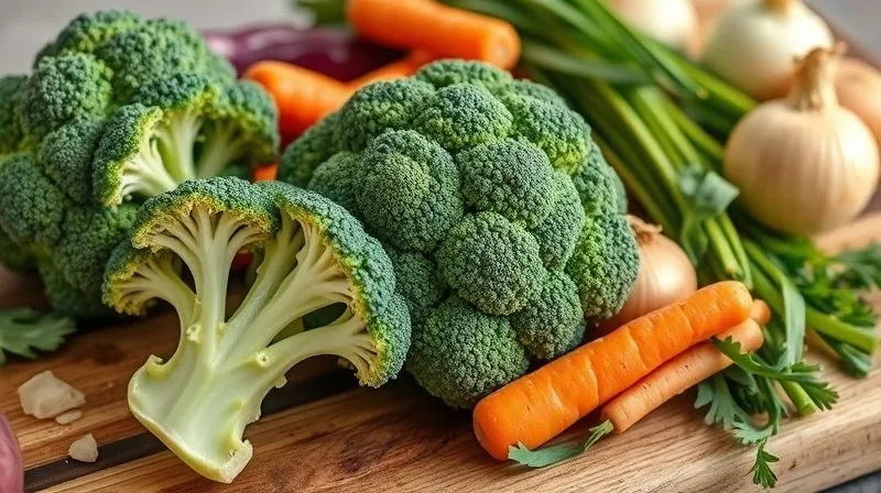 A vibrant, close-up shot of fresh, organic broccoli florets and other healthy vegetables like carrots, celery, and onions on a rustic wooden cutting board, ready for soup preparation. Professional photography, natural lighting, 8K, sharp focus, depth of field.