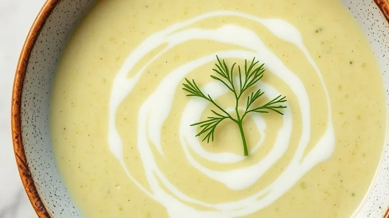 A close-up, top-down shot of a beautifully presented bowl of creamy, gluten-free broccoli soup, garnished with a swirl of light coconut milk and fresh dill. The scene is bright and airy, suggesting health and freshness. Photorealistic, professional photography, 8K, cinematic lighting, sharp focus, depth of field.