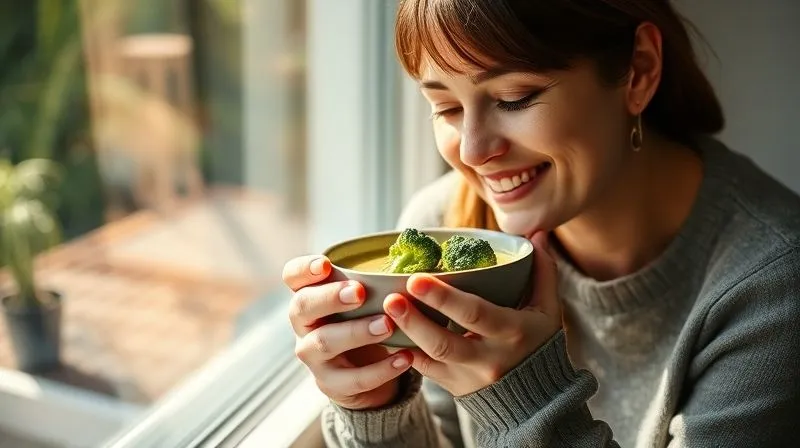 A serene, professional photography shot of a person enjoying a bowl of healthy, gluten-free broccoli soup by a sunlit window, with a gentle, contented smile. The focus is on the feeling of well-being and satisfaction. 8K, cinematic lighting, sharp focus, depth of field, shot on a high-end DSLR.