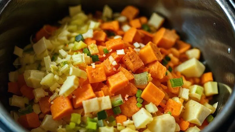 A close-up, photorealistic image of finely chopped celery, carrots, and parsnips ready to be added to a soup pot, showcasing their fresh texture. professional photography, 8K, cinematic lighting, sharp focus, depth of field, shot on a high-end DSLR.