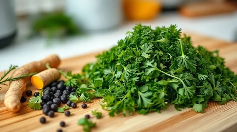 Photorealistic, professional photography, 8K, cinematic lighting, sharp focus, depth of field, shot on a high-end DSLR. A close-up of a wooden cutting board with a finely chopped mound of fresh dill, parsley, and other green herbs, next to a small pile of black peppercorns and a few turmeric roots. The background is a soft-focused kitchen scene, emphasizing fresh ingredients and healthy cooking.