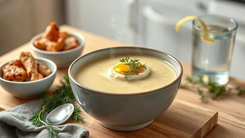 A photorealistic, professional photography shot of a vibrant bowl of creamy dill soup, garnished with fresh dill sprigs and a perfectly poached egg, steam gently rising. The soup is presented on a minimalist wooden table next to a small bowl of grilled chicken pieces and a glass of water with lemon. The setting evokes a sense of healthy eating, freshness, and satisfaction. Cinematic lighting highlights the textures, sharp focus on the soup bowl, depth of field blurring a bright, airy kitchen background. 8K hyper-detailed, shot on a high-end DSLR.