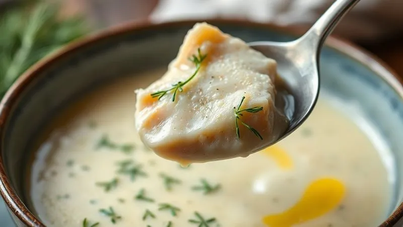 A close-up, photorealistic shot of a bowl of creamy dill soup, with a spoon scooping up a piece of tender chicken and a fragment of a poached egg. The texture of the dill and the creaminess of the soup are highly visible. Cinematic lighting, sharp focus, depth of field, 8K hyper-detailed, professional photography.